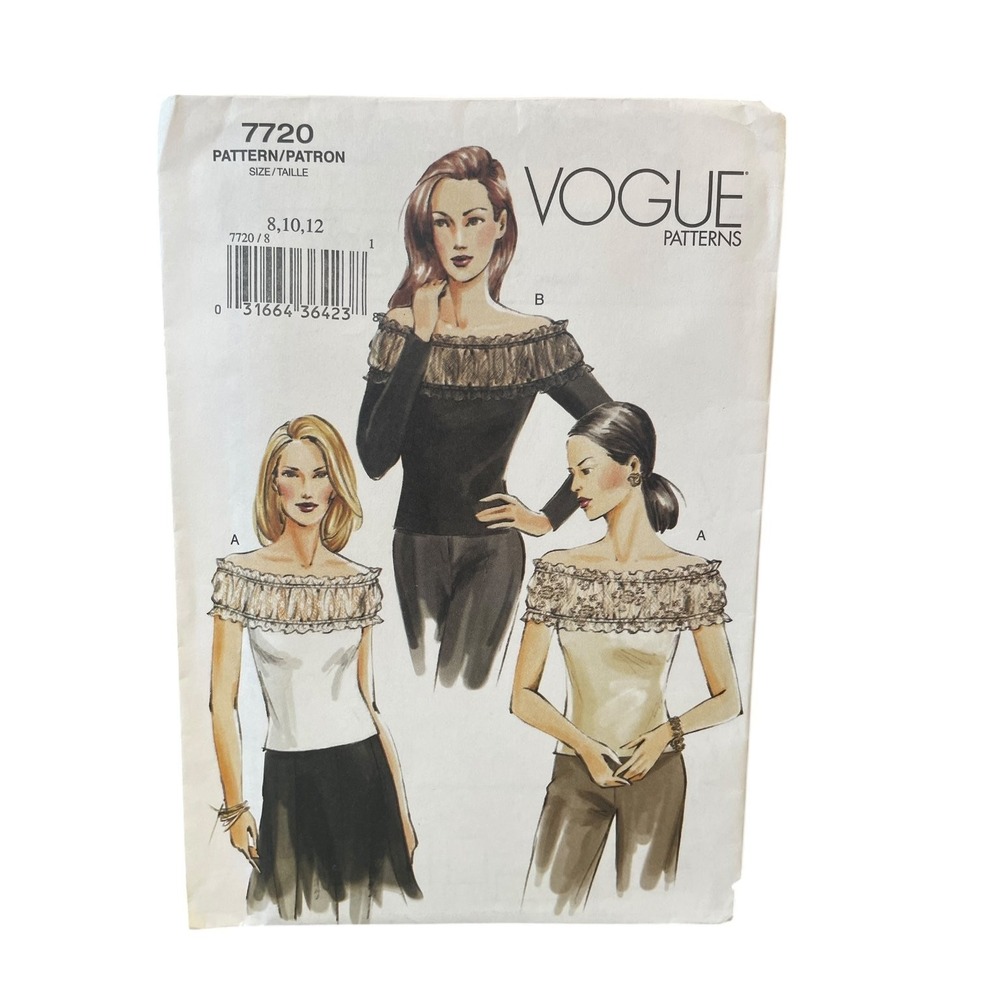 Vogue Sewing Pattern Misses 8-12 Off Shoulder Top Ruffle 7720 Easy 90s Y2K